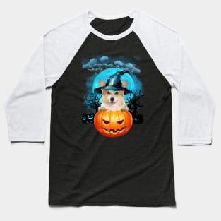 Corgi Witch Hat Pumpkin And Blue Moon Halloween Baseball T-Shirt